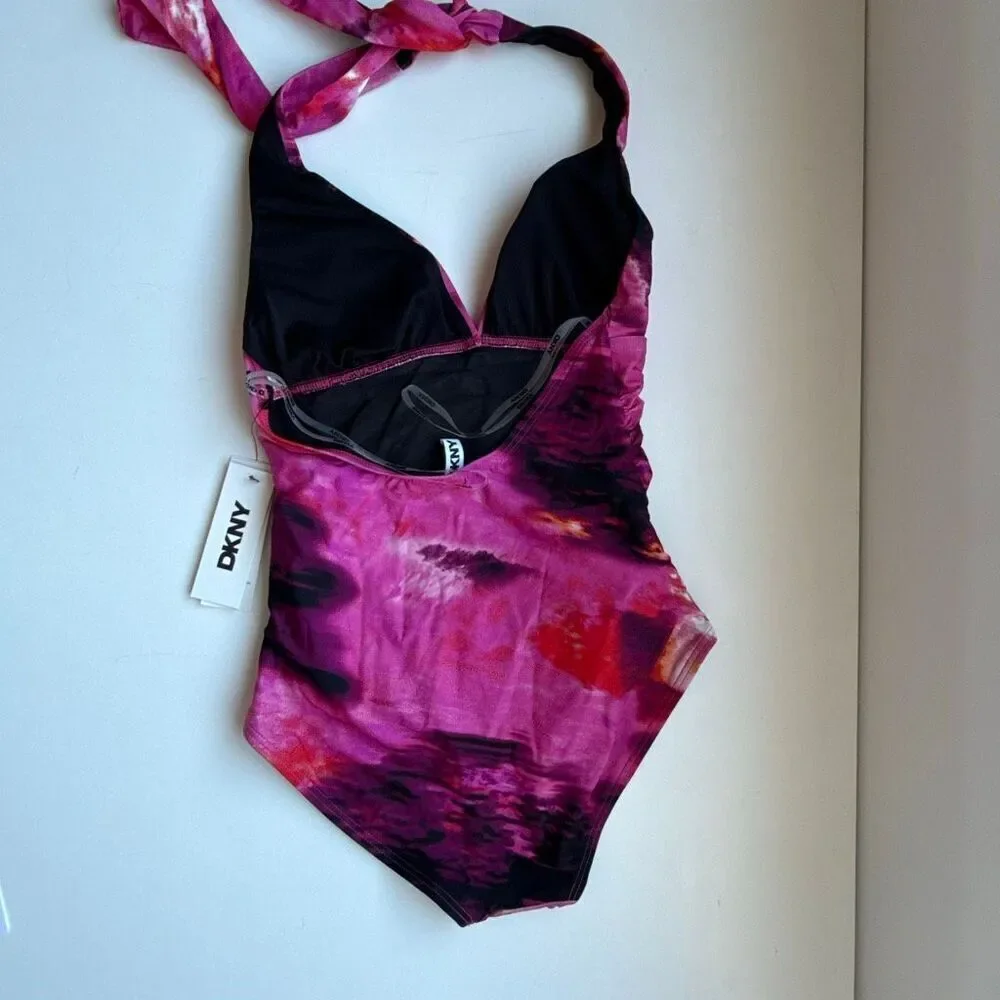 NWT DKNY pink abstract “mirage” tie back swimsuit Size S - Picture 4 of 8